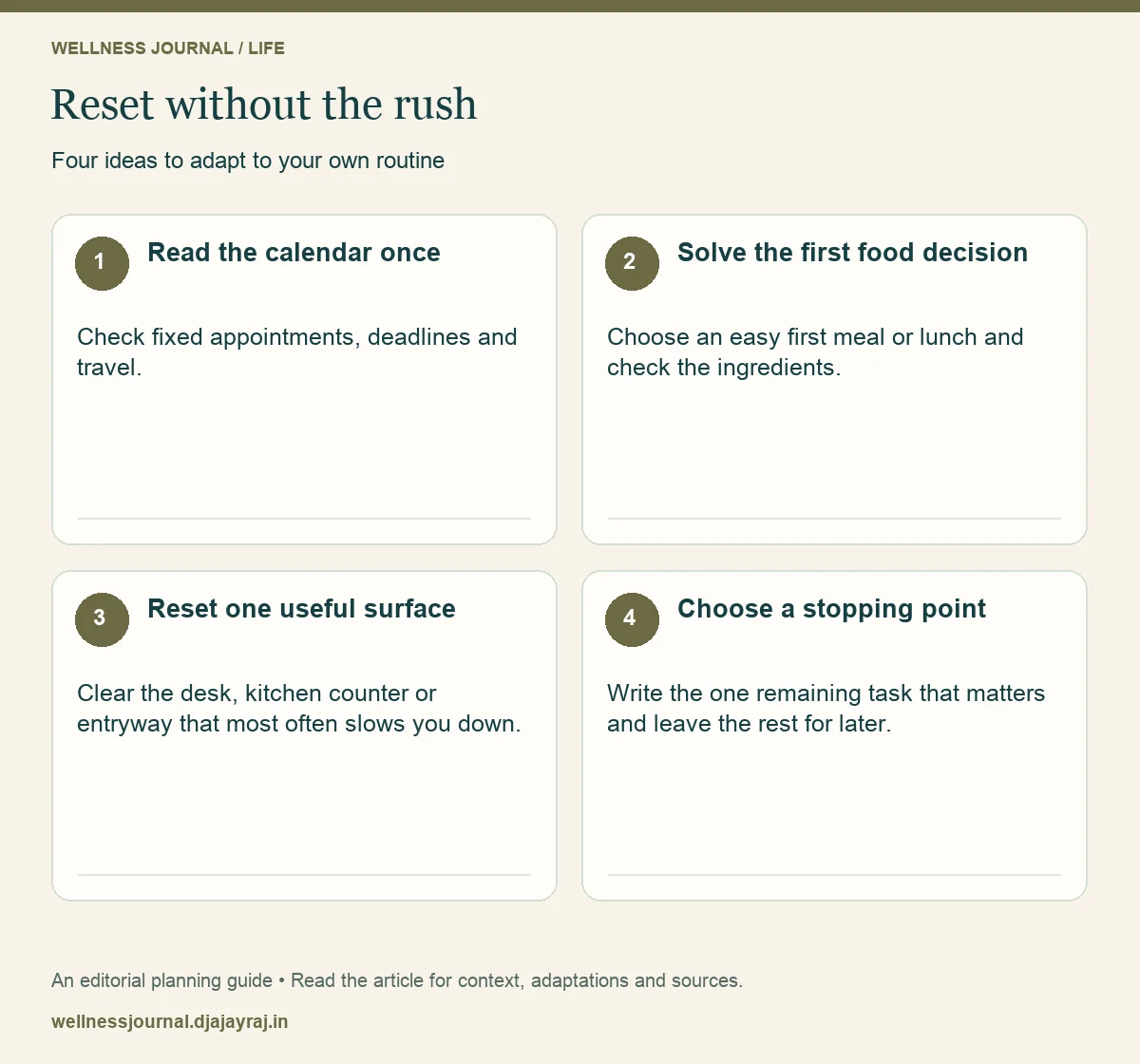 Four practical steps: Read the calendar once; Solve the first food decision; Reset one useful surface; Choose a stopping point.