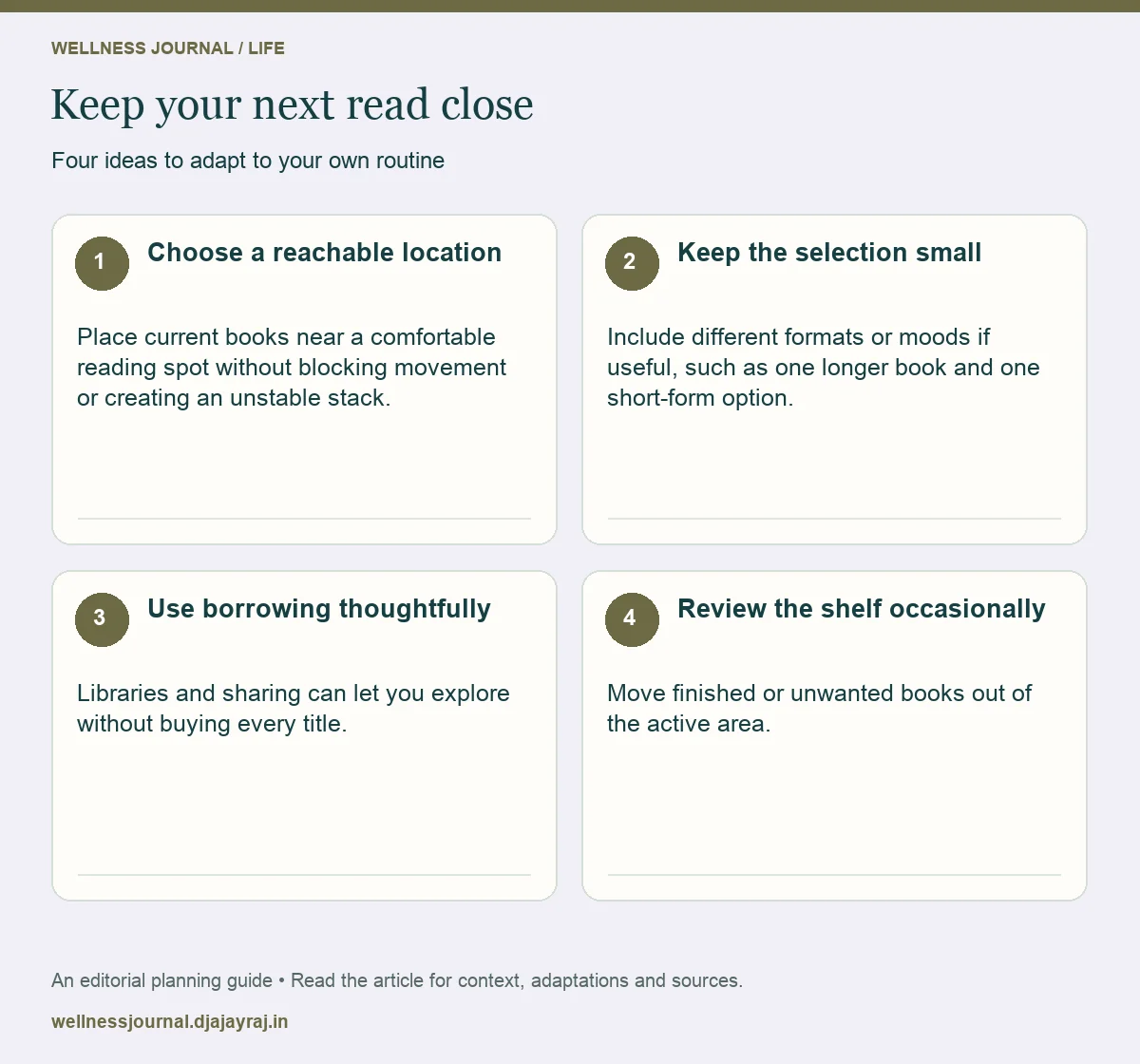 Four practical steps: Choose a reachable location; Keep the selection small; Use borrowing thoughtfully; Review the shelf occasionally.