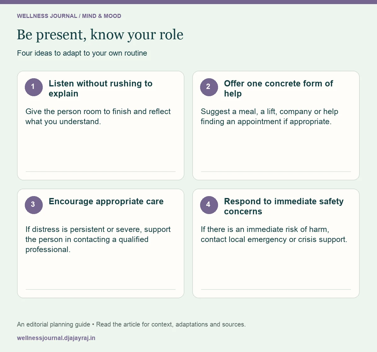 Four practical steps: Listen without rushing to explain; Offer one concrete form of help; Encourage appropriate care; Respond to immediate safety concerns.