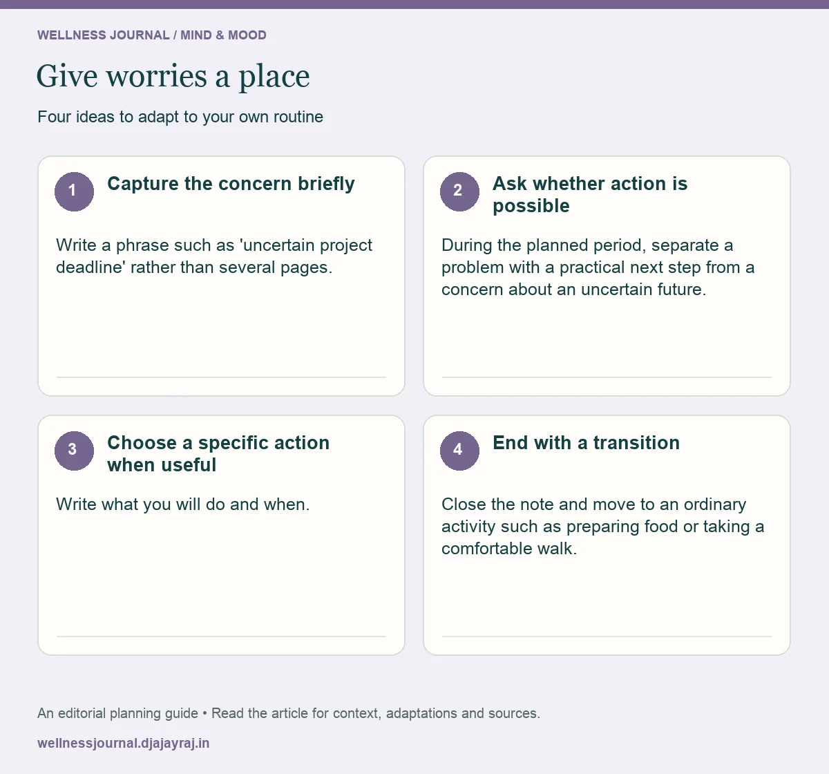 Four practical steps: Capture the concern briefly; Ask whether action is possible; Choose a specific action when useful; End with a transition.